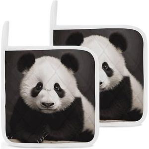Pannenlappen, set van 2 keukenpothouders, schattige zwart-witte panda-oven-hete pads met ophanglussen, resistente pannenlappen, ovenkookpads voor keuken, koken, bakken, barbecue