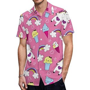 Eenhoorn ijs regenboog heren Hawaiiaanse shirts korte mouw casual shirt button down vakantie strand shirts L