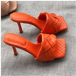 Dames Zomer Slippers Fashion Square Toe Weave hoge hakken schoenen Vrouwen Slippers Leather Luxury Designer Ladies Street Beach Sandals Slides Schoenen Sloffen (Color : Orange, Size : 37)