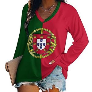 Portugal vlag dames lange mouwen V-hals T-shirts herfst tops pullover tuniek T-shirt voor leggings
