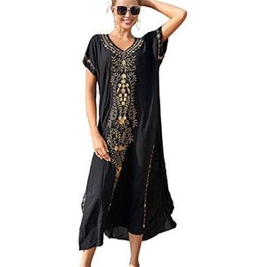 YouKD Katoenen geborduurde bloemen losse caftan Boho strand bikini cover-up jurk Grote maten loungewear voor dames