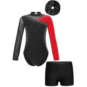 NUOYIXUAN Gymnastiekpak voor meisjes, schaatspak met lange mouwen met kleurblokken, tutu voor kinderen, balletpak met shorts (rood, 14)