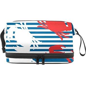 Grote capaciteit reizen cosmetische tas,Rode witte krab blauwe strepen,Make-up tas,Waterdichte make-up tas organisator, Meerkleurig, 27x15x14 cm/10.6x5.9x5.5 in