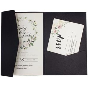 Huwelijksuitnodigingen 50 Rose Laser Cut Tri-fold bruiloft uitnodigingskaarten Kit Pocket uitnodiging envelop voor bruiloft, verloving, jubileum (kleur: parel zwart, maat: alleen laserhoes)