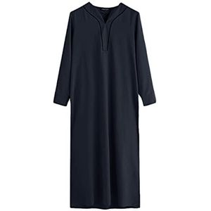 LIOPJH Mens moslim Jubba Thobe lange mouw V-hals Casual Saoedi-Arabië gewaden Abaya Dubai Thobe islamitische kaftan, marineblauw, 5XL