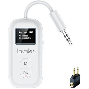Lavales SafeFly Pro Bluetooth 5.3 zender, ontvanger, bluetooth-audio-adapter met scherm, voor maximaal 2 bluetooth-hoofdtelefoons, compatibel met 3,5 mm jack in vliegtuigen, tv's, iPads/tablets,