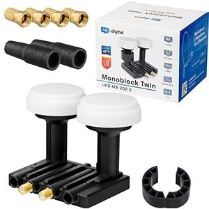 Twin Monoblock LNB 0,1dB Double LNC HB DIGITAL SET 2 deelnemers Direct 2 Sat Astra 19,2° Hotbird 13° Full HD TV 3D Ultra HD 4K + 2 x rubberen ringen + 4 x 8,2 mm F-stekker verguld
