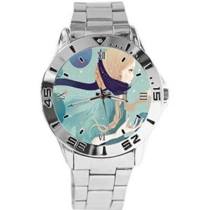 Ruimte Meisje Illustrator Mode Vrouwen Horloges Sport Horloge Voor Mannen Casual Rvs Band Analoge Quartz Horloge, Zilver, armband