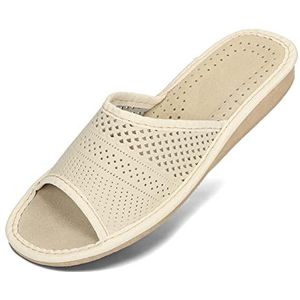 BeComfy Dames Sloffen Slippers Echt Leer Leder Vrouwen Pantoffels Zomer Stitching Blootgestelde Vingers Marineblauw Rood Beige Grijs Zwart 35-42 EU (40, Beige Opengewerkt, numeric_40)