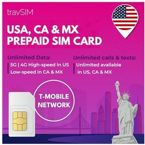 travSIM VS, Canada Mexico SIM-kaart | T-Mobile netwerk | 50 GB data voor de VS, 5 GB voor Canada en Mexico | Onbeperkt nationaal bellen en sms'en | 30 dagen geldig