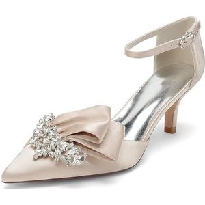 Dames Aangerichte Teen Kitten Hakken Satijnen Bruids Pumps Enkelsluiting Bruiloft Prom Party Jurk Schoenen,Champagne,36 EU