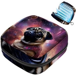 MUOOUM Maandverband Opbergtas, Paarse Galaxy Mopshond Hond Menstruatie Cup Pouch, Draagbare Maandverband Pads Opbergzakken Vrouwelijke Menstruatie Eerste Menstruatie Tas voor Tiener Meisjes Vrouwen