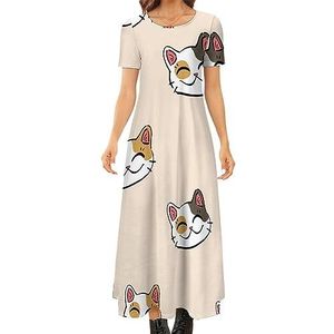 Lucky Cat patroon dames zomer casual korte mouwen maxi-jurk ronde hals bedrukte lange jurken 3XL