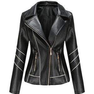 A&M Express PU Slim Fit Leren Jas voor Dames - Zwart Contrast-Piping Moto Jacket, Zwart, XL
