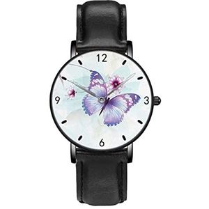 Vlinders Bloemen Lila Abstracte Bloemen Klassieke Patroon Horloges Persoonlijkheid Business Casual Horloges Mannen Vrouwen Quartz Analoge Horloges, Zwart