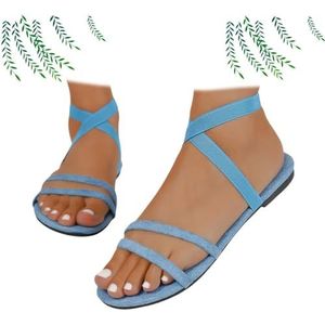 Xytraiihw Platte sandalen voor dames, modieuze zomerschoenen met kruisbandjes, grote maten casual sandalen met open teen en Romeinse schoenen voor sport en strand,Blauw,36 EU