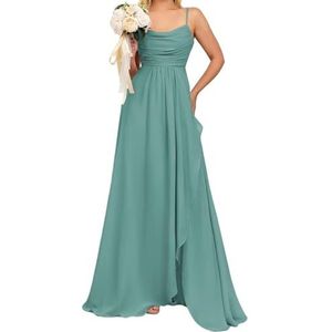 Prinses Bruidsmeisjes Jurken Spaghetti Bandjes Galajurken Chiffon Formele Avondfeest Maxi Jurk met Split ZM192, Eucalyptus, 32