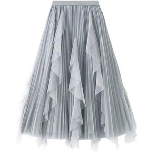 lang rok Lange damesrokken met ruches aan de zoom en hoge taille, casual gegolfde geplooide mesh rok, middellange lengte met ruches, middenrok elegantie