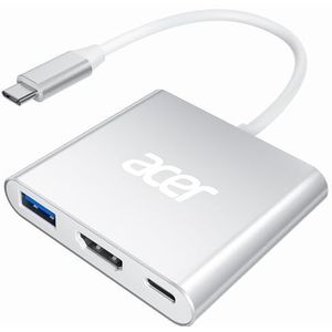 acer USB C HDMI Adapter 4K, 3 in 1 Multiport met PD 100W, USB 3.0, 4K HDMI, Hub van Aluminium compatibel voor MacBook/iPad Pro/Air, iPhone 15/16-Serie, Samsung S24, Surface Pro etc. -Zilver