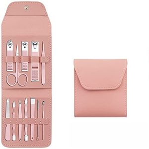 12/16-delige manicure pedicureset geschenkset, hoge precisie roestvrijstalen nagelknipperset schoonheidsset voor hand wenkbrauwen oren voetverzorging met draagbare stijlvolle koffer (12in1, Roze)