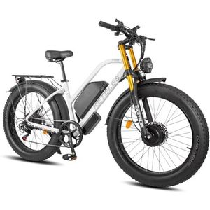 Elektrische fietsen voor volwassenen met dubbele motoren, 26-inch elektrische fiets met dikke banden, dubbele schoudervoorvork, 48V 23Ah batterij, E-Bike voor mannen met LED-kleurendisplay (Wit)