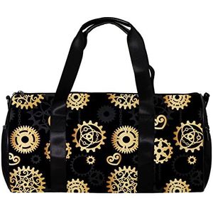 Ronde Gym Sport Duffel Bag met Afneembare Schouderband Gouden Opengewerkte Gears Op Een Zwarte Achtergrond Training Handtas Nachttas voor Vrouwen en Mannen, Meerkleurig, 45x23x23cm/17.7x9x9in