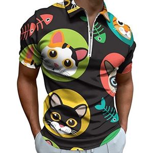 Cats And Fishbone Poloshirt voor heren, met ritssluiting, casual korte mouwen, golftop, klassieke pasvorm, tennisshirt