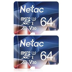 Netac Micro SD-kaart A1, U1, C10, V10, FHD, 600X, UHS-I snelheid tot 90/10 MB/sec(R/W) Micro SD-kaart voor telefoon, camcorder, switch, GoPro Tablet 64 GB 2 stuks