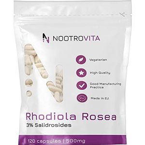 Rhodiola Rosea 500mg - 120 capsules | Extract met 3% salidroside (15mg) | Geen kunstmatige vulstoffen, allergeenvrij | Geproduceerd in ISO-gecertificeerde bedrijven | Nootrovita