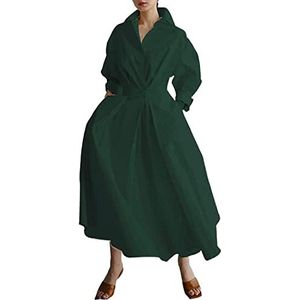 Maxi-hemdjurk voor dames, zomer, elegant, lange mouwen, knoop, gesmokte taille, A-lijn, lange jurk, losse avondjurk, swing, feestjurk met zakken, Donkergroen, 4XL