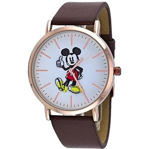 Disney MK1523 Unisex Gold Tone Brown Band Minimalist Styling Mickey Mouse Thumbs Up Watch