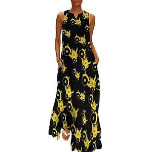 Cartoon Tractor dames enkellengte jurk slim fit mouwloze maxi-jurken casual zonnejurk M