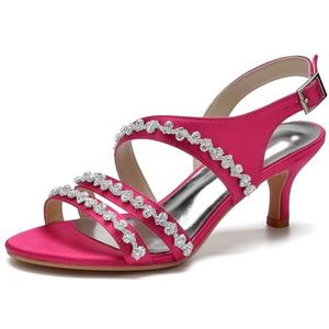SYDZSW Naald Ivoor Satijn Bruidsschoenen Hoge Hakken Sandaal Hak Bruidsschoenen Bruidsband met Strass 35-43, Roze, 43 EU