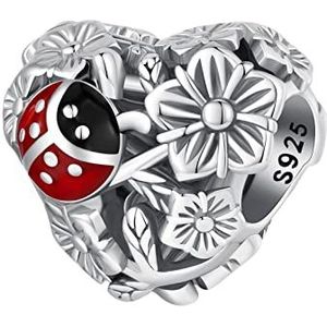 BIXPAK Dames 925 Sterling Zilver Lucky Ladybug Dangle Bead Charms, DIY Handgemaakte Vintage Heart Flower Hanger for Pandora of andere stijlen van Europese armband en kettingen SCC2524