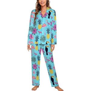 Toucan En Flamingo Ananas Vrouwen Lange Mouw Button Down Nachtkleding Zachte Nachtkleding Lounge Pyjama Set XL