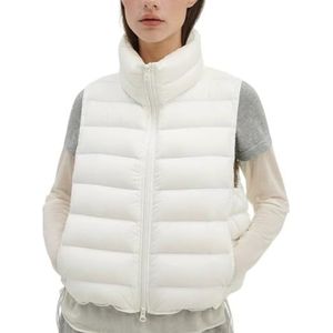 HGKPFGTG Dames Cropped Puffer Vest Ritssluiting Opstaande Kraag Trendy Warme Zachte Dons Mouwloze Jassen Met Zakken,Wit,L