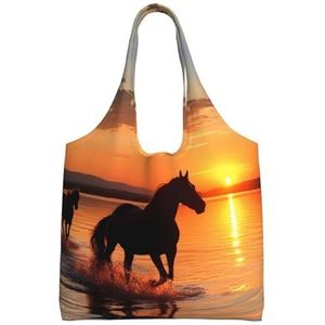 YNCATXZ Sunsets Lake Horses Canvas Tote Bag voor Vrouwen Esthetische Boodschappentassen Schoudertas Herbruikbare Boodschappentassen, Zwart, Eén maat