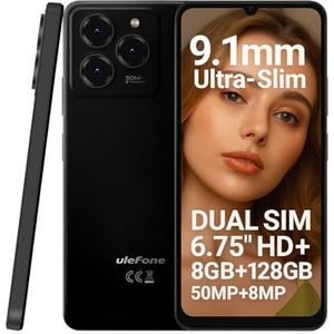 Ulefone Android 14 mobiele telefoon Note 20 Pro, 6,75 inch HD+ groot display, 8 GB RAM + 128 GB ROM, 50 MP + 8 MP + 2 MP, Dual-SIM, batterij 6000 mAh, vingerafdrukken + gezichtsherkenning, GPS, zwart