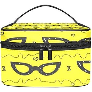 Gele kat oogbril patroon make-up organizer tas, reismake-up tas organizer case draagbare cosmetische tas voor vrouwen en meisjes toiletartikelen, Meerkleurig, 22.5x15x13.8cm/8.9x5.9x5.4in
