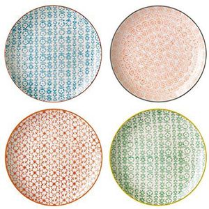 Bloomingville Carla Express Retro dessertborden, vintage, ontbijtborden, taartborden, ø 20 cm, blauw, oranje, rood, groen, keramiek, set van 4