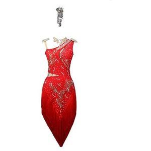 Yhwacyznm Professionele Latin wedstrijdjurk voor dames Glanzende danskleding voor samba Rugloze ballroom salsa outfit Tangokleding met kwastjes,Rood,L