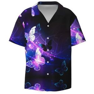 TyEdee Witte vlinderprint heren korte mouw overhemden met zak casual button down shirts business shirt, Zwart, 3XL