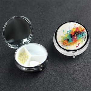 Pillendoosje Ronde Pillendoos Pil Organiseren met 3 Compartimenten Abstract Muziekthema Geneeskunde Organizer Box Waterdichte Kleine Pillendoos voor Reizen Metalen Pillencontainers voor Medicatie