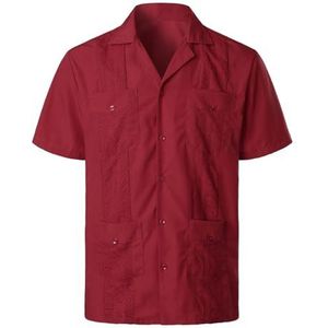UBOHUZ Heren shirt met korte mouwen pure kleur herenoverhemden meerdere zakken revers korte mouwen vest zomer dunne tops mannelijk shirt met enkele rij knopen voor vrije tijd, Rood, 4XL
