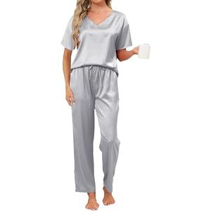 Reliwel Pyjama dames zijden pyjama dames zomer satijn korte mouwen V-hals pyjama tweedelig nachthemd zacht comfortabel, Bourgondië, S