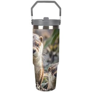 FHECVBN Grote Capaciteit Auto Cup Koffie Tumbler Dier Leuke Bruine Otters Koffie Mok Flip Stro Tumbler Rvs Cup Geïsoleerde Tumbler Travel Mok 30oz