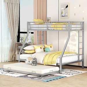 Moimhear Stapelbed, metalen bed met uittrekbed, stapelbed met dubbelzijdige ladder, voor kinderen, jongeren en volwassenen, eenvoudige montage, 90 (140) x 200 cm, zilver