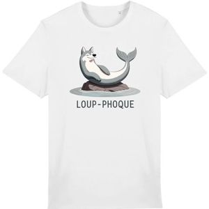 Zeewolf T-shirt – voor heren – bedrukt in Frankrijk – 100% biologisch katoen – cadeau voor dieren verjaardag, originele grappige humor, Wit, M