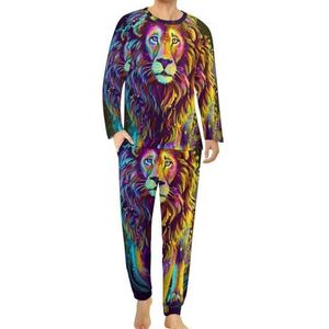 Leeuw Artistieke Neon Kleur Mannen Pyjama Set Lounge Wear Lange Mouwen Top En Bottom 2 Stuk Nachtkleding