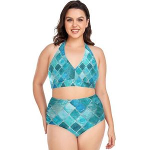 Mooie Turquoise Aquarel Mozaïek Vrouwen Bikini Sets Plus Size Badpak Twee Stukken Hoge Taille Strandkleding Meisjes Badpakken, Pop Fashon, 4XL